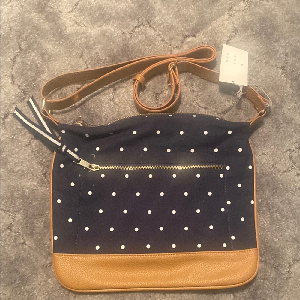Blue and White Polka Dot Crossbody Bag with Leather Accents